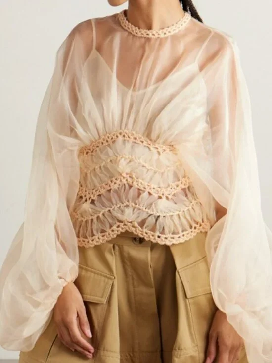 ZIMMERMANNIlluminate macramé and tulle-trimmed gathered silk- organza blouse - Picture 8 of 9